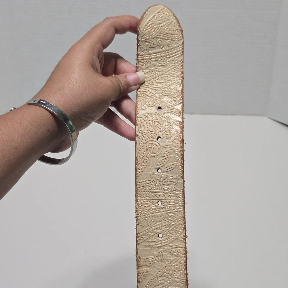 Women's‎ Belt Fossil Genuine Leather Embossed Cream Metallic Rhinestone Buckle L